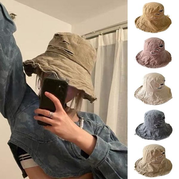 

wide brim hats fashion hat bucket outdoor trend retro sun protect floppy hole foldable cap wild personality, Blue;gray
