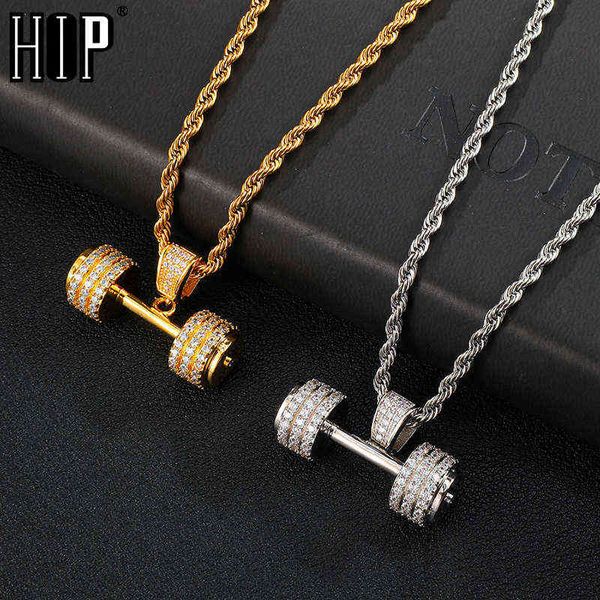 

hip hop iced out bling rope barbell gym fitness dumbbell gold color hand pendants &necklaces men tennis chain jewelry, Silver
