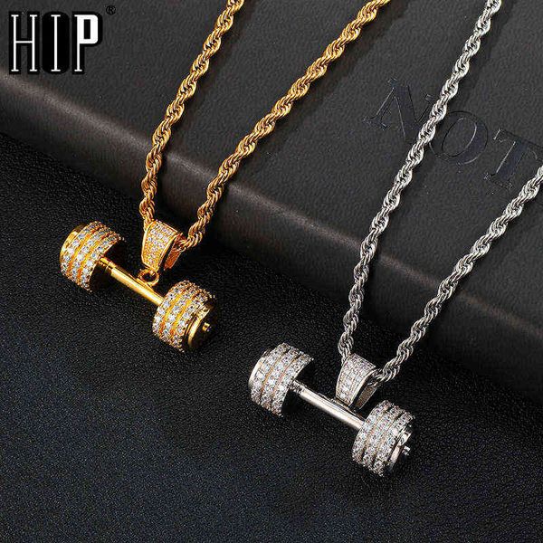 Hip Hop Iced Out Bling Corda Barbell Ginásio Fitness Dumbbell Gold Cor Mão Pingentes Colares Homens Tênis Cadeia Jóias