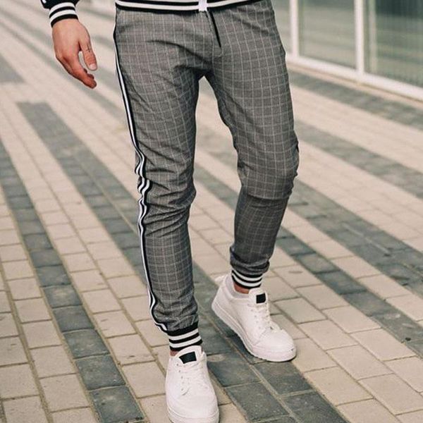 

men's pants plaid 3d printed jogging men high street leisure trousers striped stitching slim training sweatpants, Black
