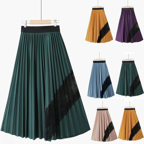 

skirts 6 color 2021 spring women's elegant temperament elastic waist printed mid-length with pleated large hem a-line skirt cyaysw, Black