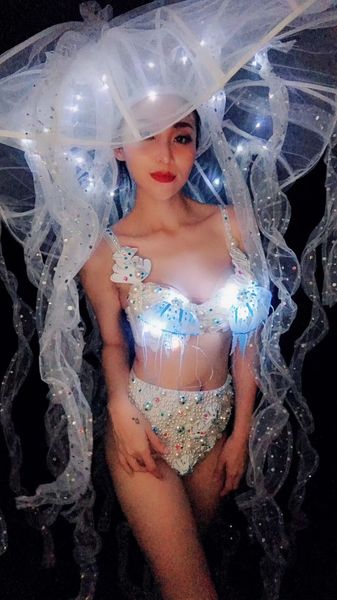 

led big hat white pearls bra bikini women costume nightclub bar women singer dancer stage outfit models catwalk party dance wear, Black;red