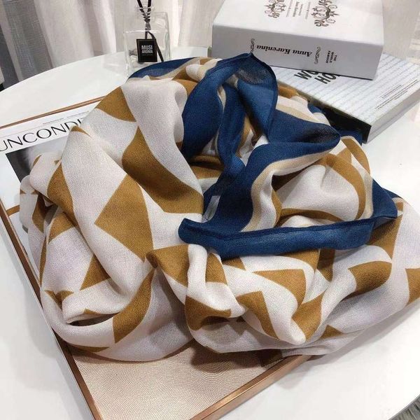 

designer simple triangle pattern, black cotton hemp scarf, women's spring and autumn decoration with long thin printing version, Blue;black