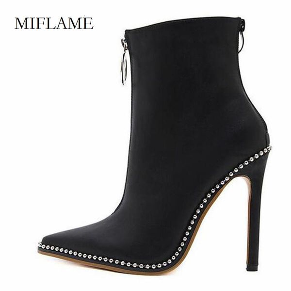 

boots trendy concies stiletto women elegant brand diamond ankle fashion rivets pointed toe front zipper high heels shoes, Black
