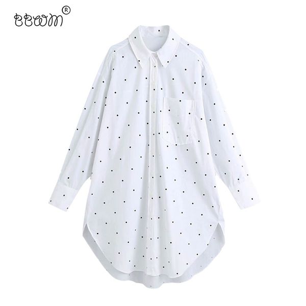 

women fashion chic oversized polka dot long blouses vintage long sleeve pockets loose shirts ladies chic 210225, White
