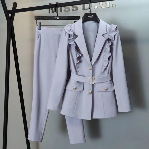 

women's two piece pants 2021 spring autumn women office suit female solid ruffles long sleeve blazer + pencil trousers 2 set lady p664, White