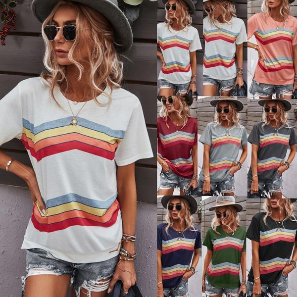 

women's t-shirt 2021 summer women short-sleeved striped o-neck flower, White