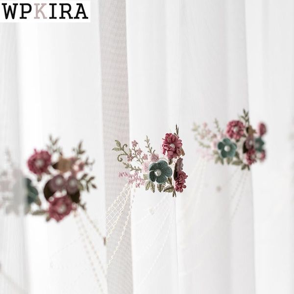 

romantic luxury pearls emboridery 3d floral curtain for living room lace bottom sheer drape wedding party french window s350#d