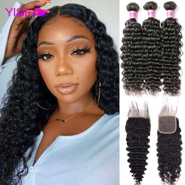 

human hair bulks deep wave bundles with closure brazilian remy 100% yisea, Black