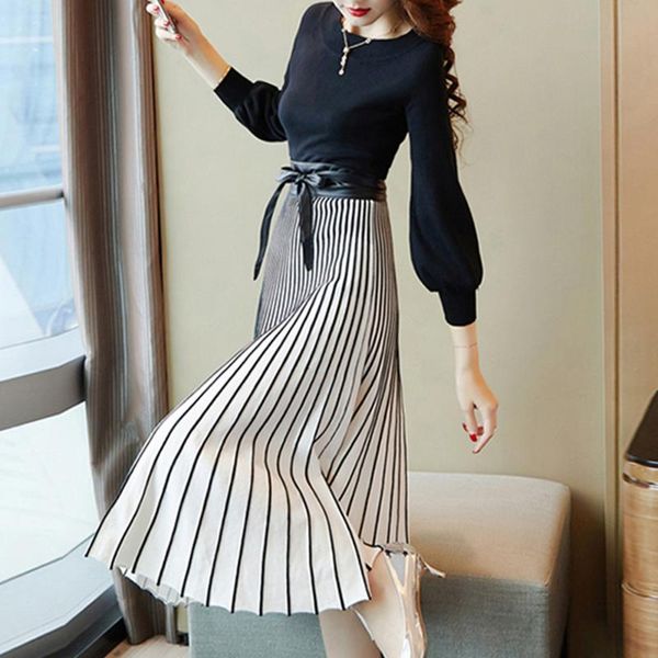 

casual dresses women's dress mid-calf round neck patchwork three-quarter sleeve ladylike 2021 korean autumn winter knitted sweater dree, Black;gray