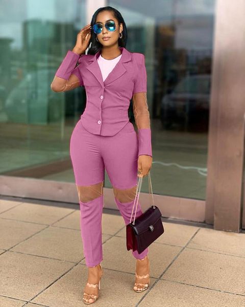 

women's two piece pants turn down collar sheer mesh patchwork sleeve blazer set casual elegant ol office ladies 2, White