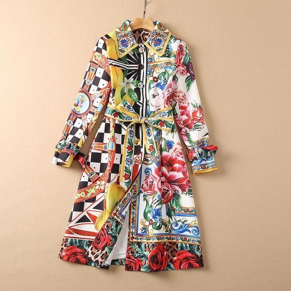 

women's trench coats runway w autumn single-breasted long sleeve printed twill 211019yx03, Tan;black