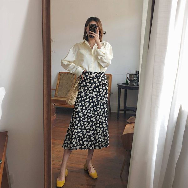 

2021 new midi feminina, saia longa e sensual estampada, nova estilo viscose, elegante, preta, 100% e4o4, Black