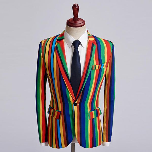 

men's suits & blazers bright colourful stripe stage style men costume blazer fashion slim causal colorful striped single button suit ja, White;black