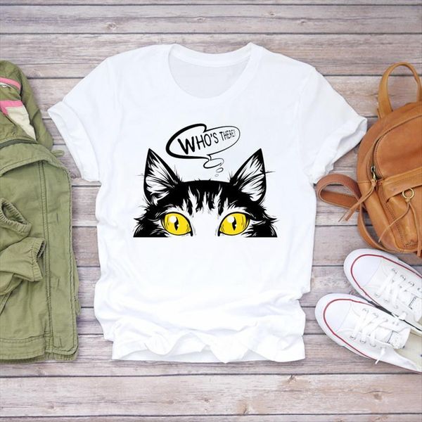 

cartoon cat animal pet womens t shirts cute short sleeve 90s print graphic shirt ladies female tee, White