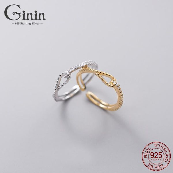 

cluster rings ginin real 925 sterling silver ring for women korean-style elegant luxury shiny zircon hollow out knot design finger jewelry, Golden;silver