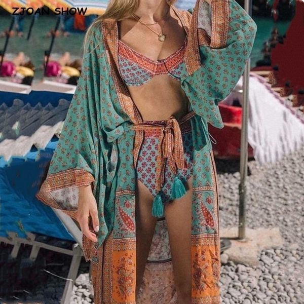 Bohemian Vintage Stampa floreale Blu Design lungo Kimono camicetta manica a pipistrello Cardigan camicia da donna Maxi Beach blusas Hoiday 210315