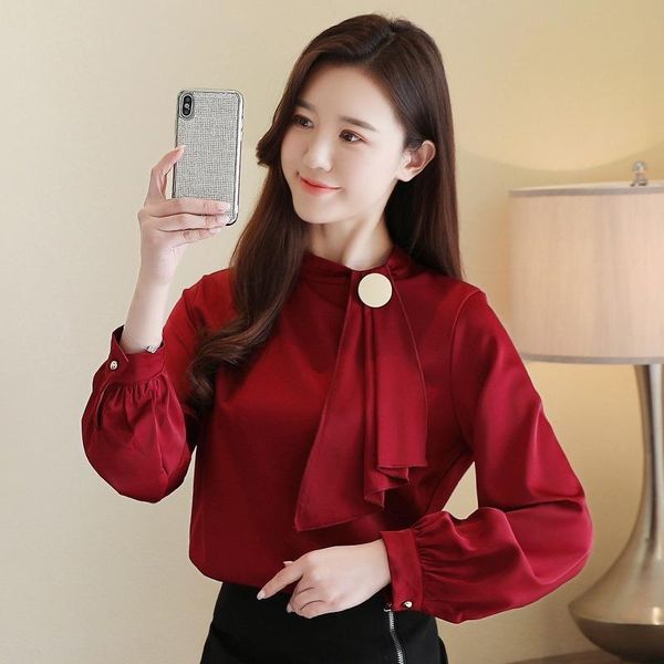 

women's blouses & shirts autumn stantd solid sequined women office ladies long sleevs spring spliced temperament blouse with ribbon, White