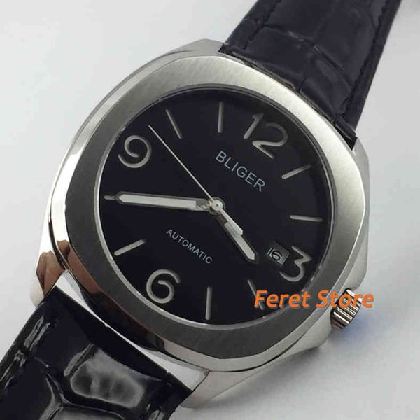 

sier bliger 40mm business watch case sapphire glass brown lighting-turning dial date leather tape men automatic mechanical, Slivery;brown