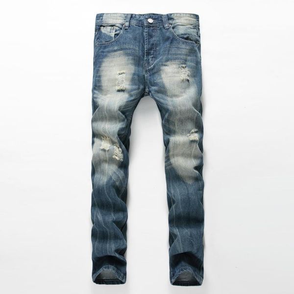 

men's jeans arrival fashion designer jean mens brand destroyed washed hole straight for men cotton casual denim pants, Blue