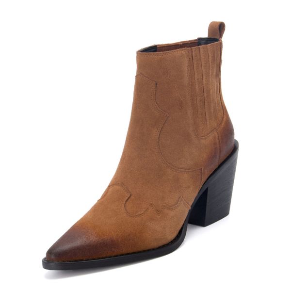 

leather genuine pointed toe mid ankle thick square heel slip on western cowboy boots women 2020 new c0202, Black