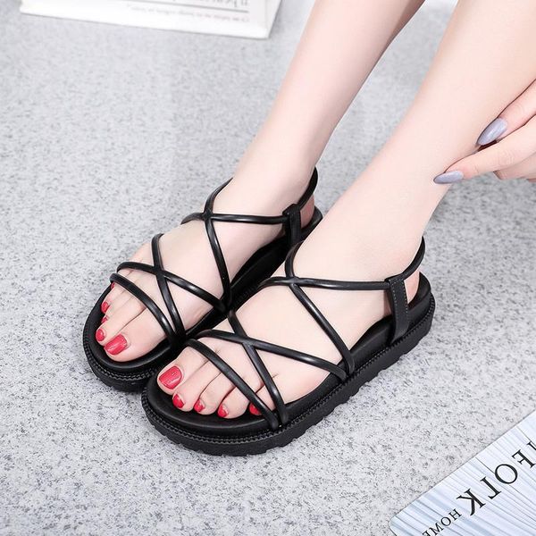 

2021 new female sandals jelly shoes summer pcv gladiator flat thick bottom women sandals korean students non-slip beach shoes, Black