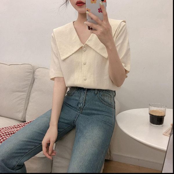 

2021 new korean preppy style turn down collar short sleeve shirt women summer small fresh blouse woman cute blusa, White