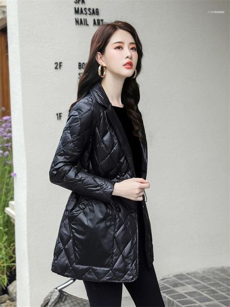 

down cotton jacket women 2021 autumn winter korean version slim mid-length shiny suit collar trend padded coat parka y3371, Black
