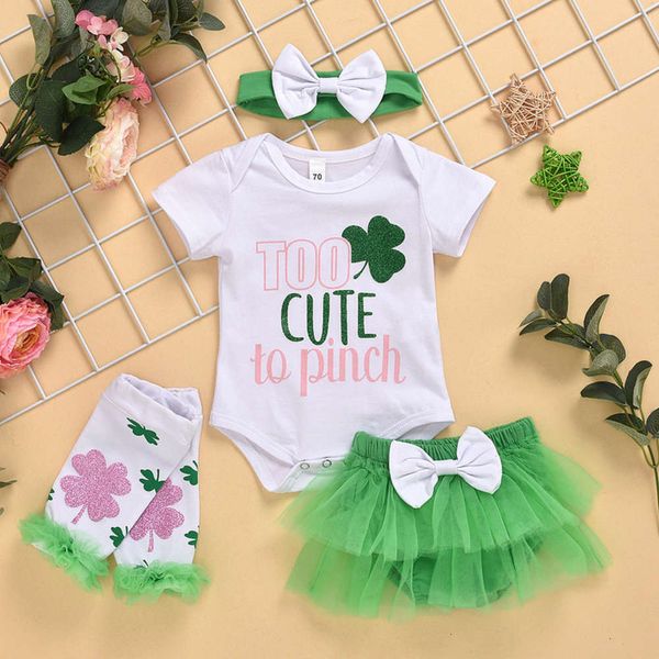 

clover summer new children's clothing baby short sleeve one-piece green gauze skirt suit, White