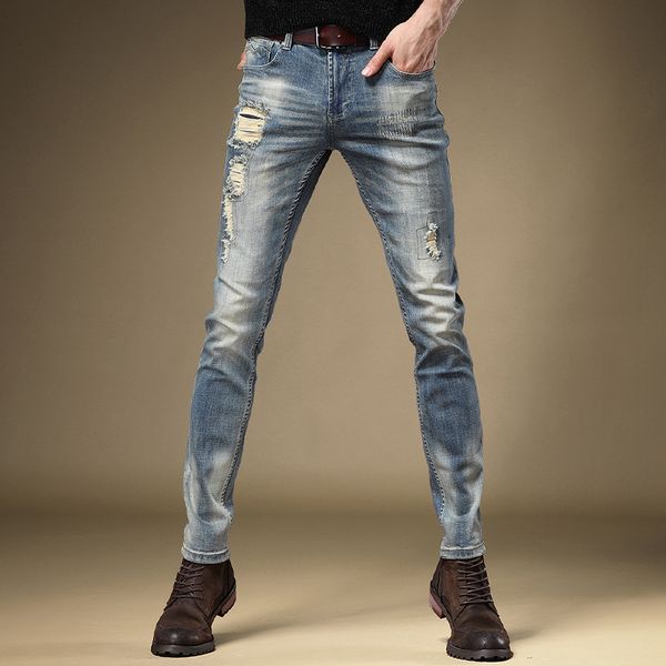 

2021 torn blue men's brim pants fine cotton pencil fit korean-style streetwear wear distressed denim ff0k, White;black