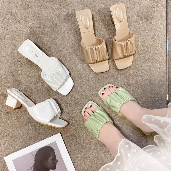

slippers casual square heel shoes woman 2021 pantofle med heeled mules luxury block soft high slides rubber rome pu retro ho, Black