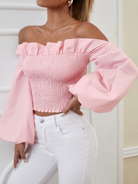 

off shoulder ruffle trim shirred crop blouse b2bv#, White