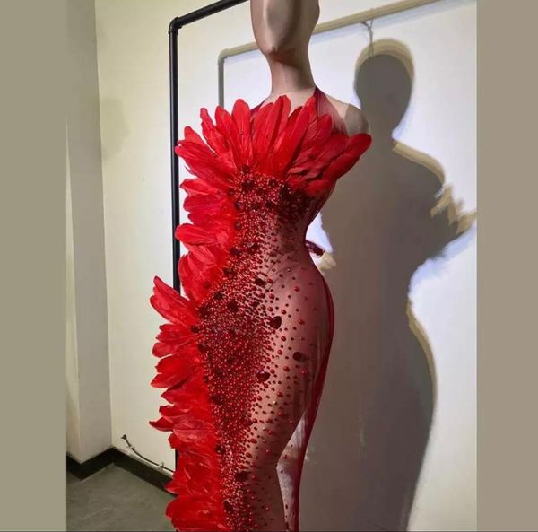 

women strapless halter bandage dress mesh stage feather dress bodycon vestidos club celebrity evening birthday party dress, Black;red