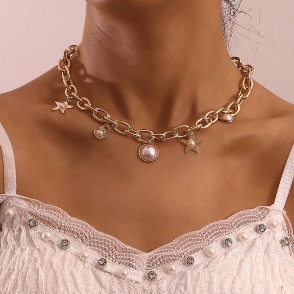 

chokers imitation pearls star pendant necklace for women choker necklaces female clavicle chain gold color 2021 fashion jewelry, Golden;silver