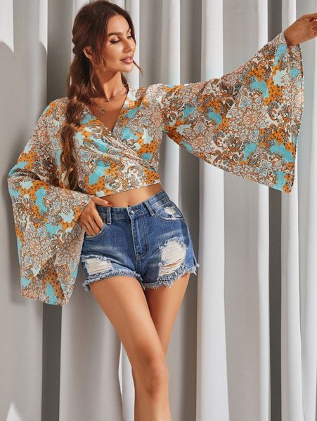 

luukse paisley print surplice neck flounce sleeve k2gf#, White