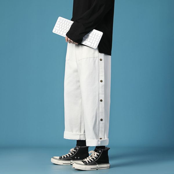 

2021 new spring cotton wide-leg men's fashion button casual men streetwear korean loose hip-hop straight pants mens trousers zx5z, Black