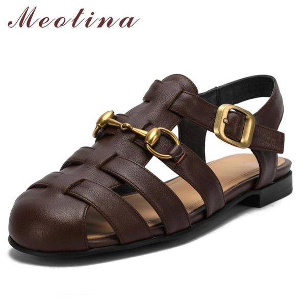 

sandals meotina gladiator shoes women genuine leather flat buckle square toe cow ladies footwear casual, Black