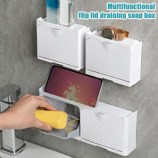 

soap dishes bathroom wall mounted box with lid storage rack draining tray self adhesive holder for kitchen