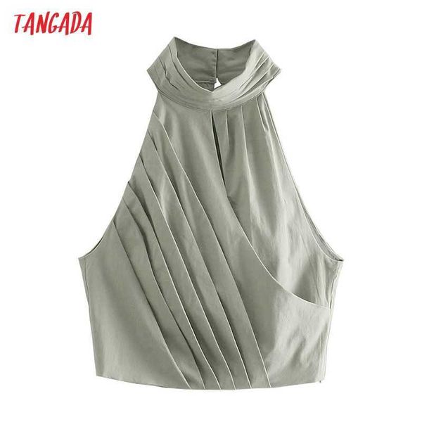 

tangada women pleated cotton shirt blouse sleeveless chic female office lady shirt blusas femininas qd40 210609, White