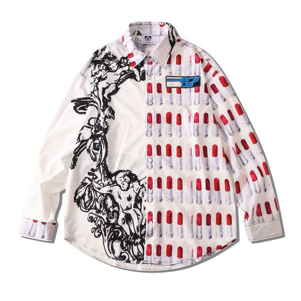 

2021 autumn men's fashion patchwork print shirts korean style long sleeve loose oversized for man camisa hawaiana shirt ub0h, White;black