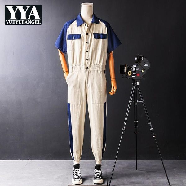 

men's pants short sleeve overalls summer single breasted performance stage club jumpsuits multi-pockets cargo trousers, Black