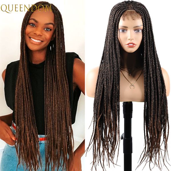 

30 inch long braided box braids wigs ombre brown synthetic lace front wigs with baby hair high temperature cosplay wig for women, Black
