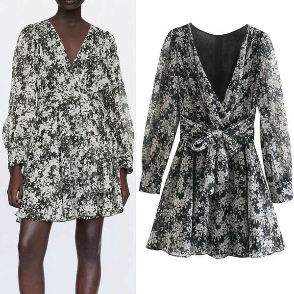 

new black 2021 metallic thread printed mini women vintage v neck long sleeve dress woman bow tied elegant ladies dresses 9asd gk7n, Black;gray