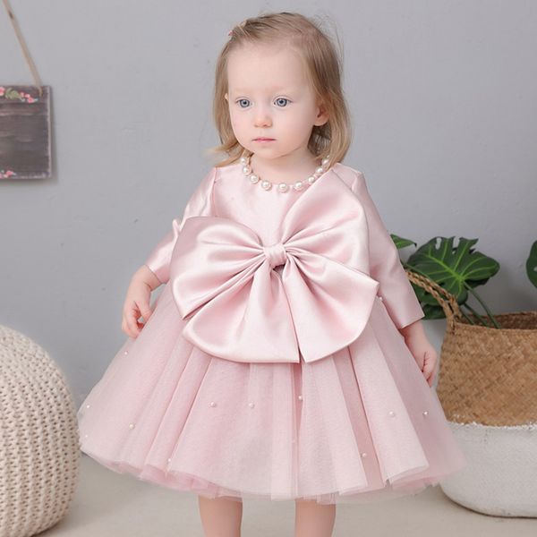 

one-year-old girl princess dress birthday party small dress bow pearl net yarn flower girl dress wedding, White;pink