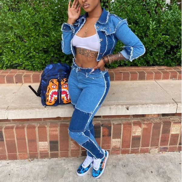 

women's tracksuits 2021 spring denim 2 piece set clubwear women two suit patchwork ripped jeans and long sleeve jacket outfits, Gray