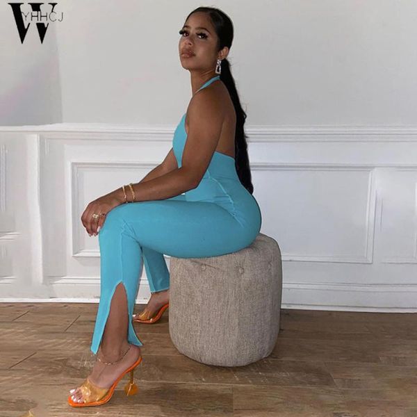 

women's jumpsuits & rompers wyhhcj halter solid fitness workout women side slit bodycon casual sleeveless overalls sporty one piece jum, Black;white