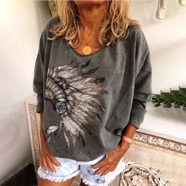 

women t-shirts feather print loose casual plus size 5xl o-neck long sleeve t-shirt 2021 spring autumn oversize female, White