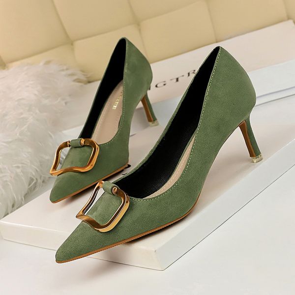 

korean-style fashion career ol womens fine with high heels shallow mouth pointed metal belt buckle shoes, Black