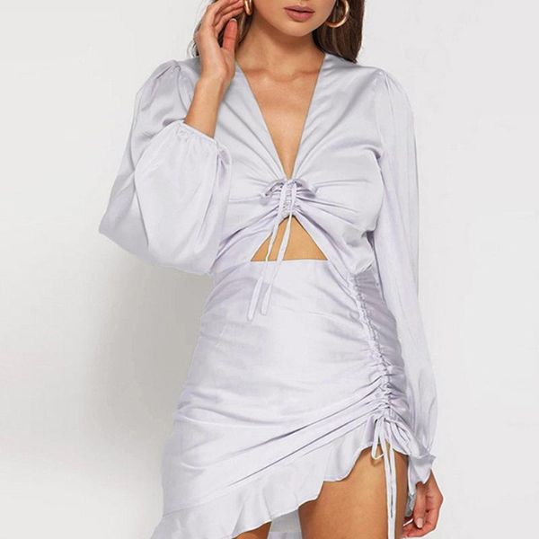 

casual dresses deep v-neck party dress women satin lace up ruffles holow out ruched female vestido elegant slim mini, Black;gray