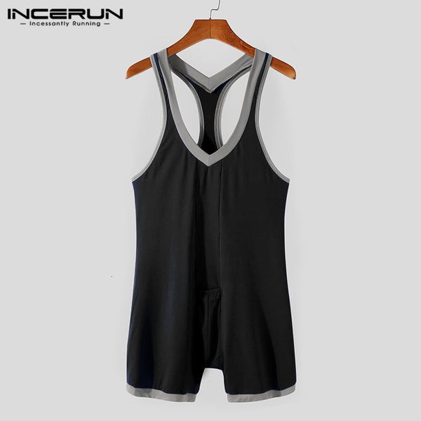 

2021 new pajamas rompers patchwork homewear v neck sleeveless jumpsuits fitness men bodysuit comfortable sleepwear s-5xl incerun okb1, Black;brown